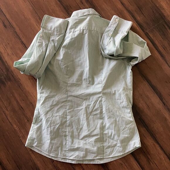 NEW Lands’ End ⛵️ Green White Black Striped Button Down Wrinkle Free Blouse - Picture 3 of 7